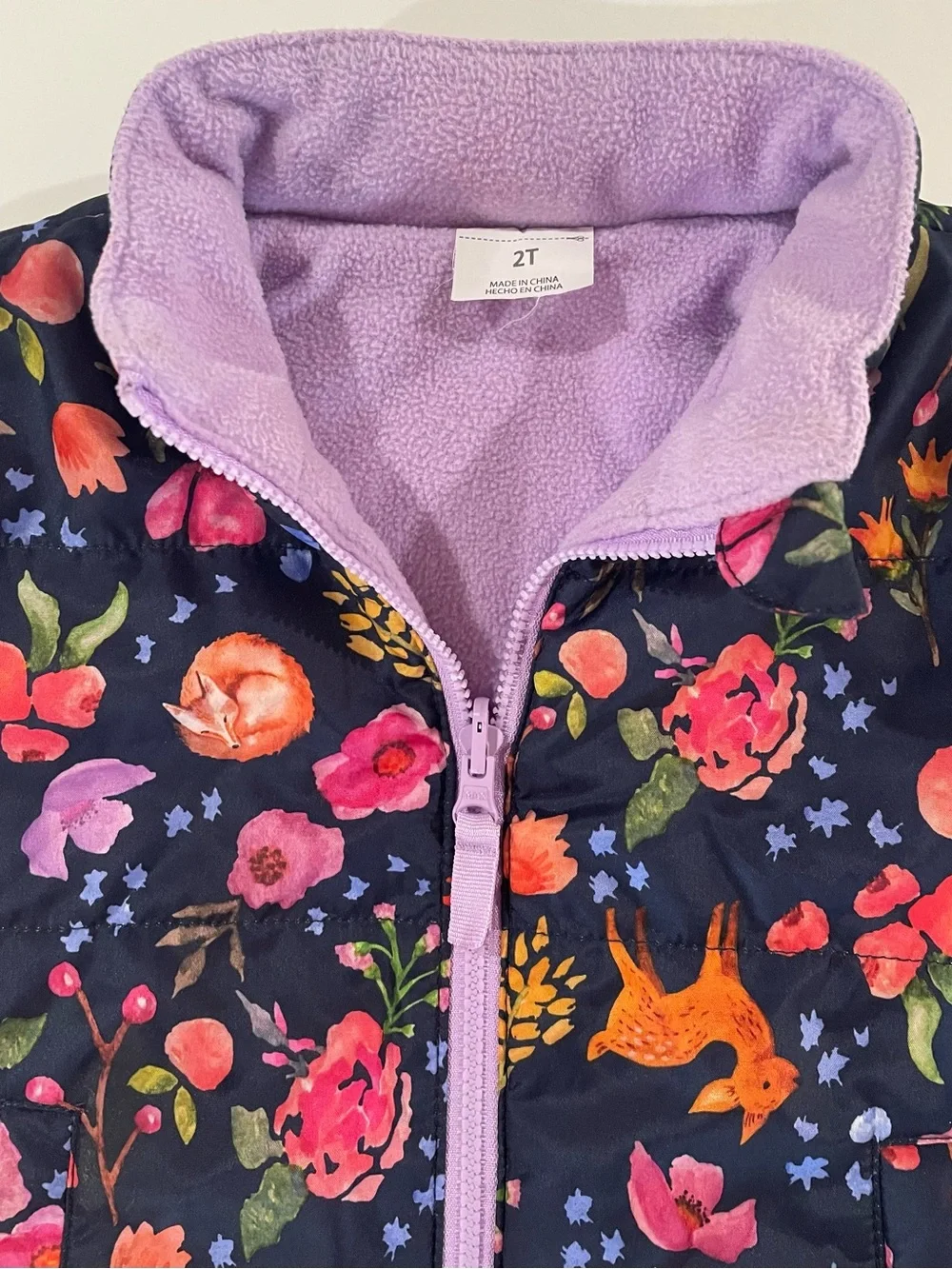 Girls 2T Floral & Fox Navy Zip Puffer Jacket with Lavender Lining